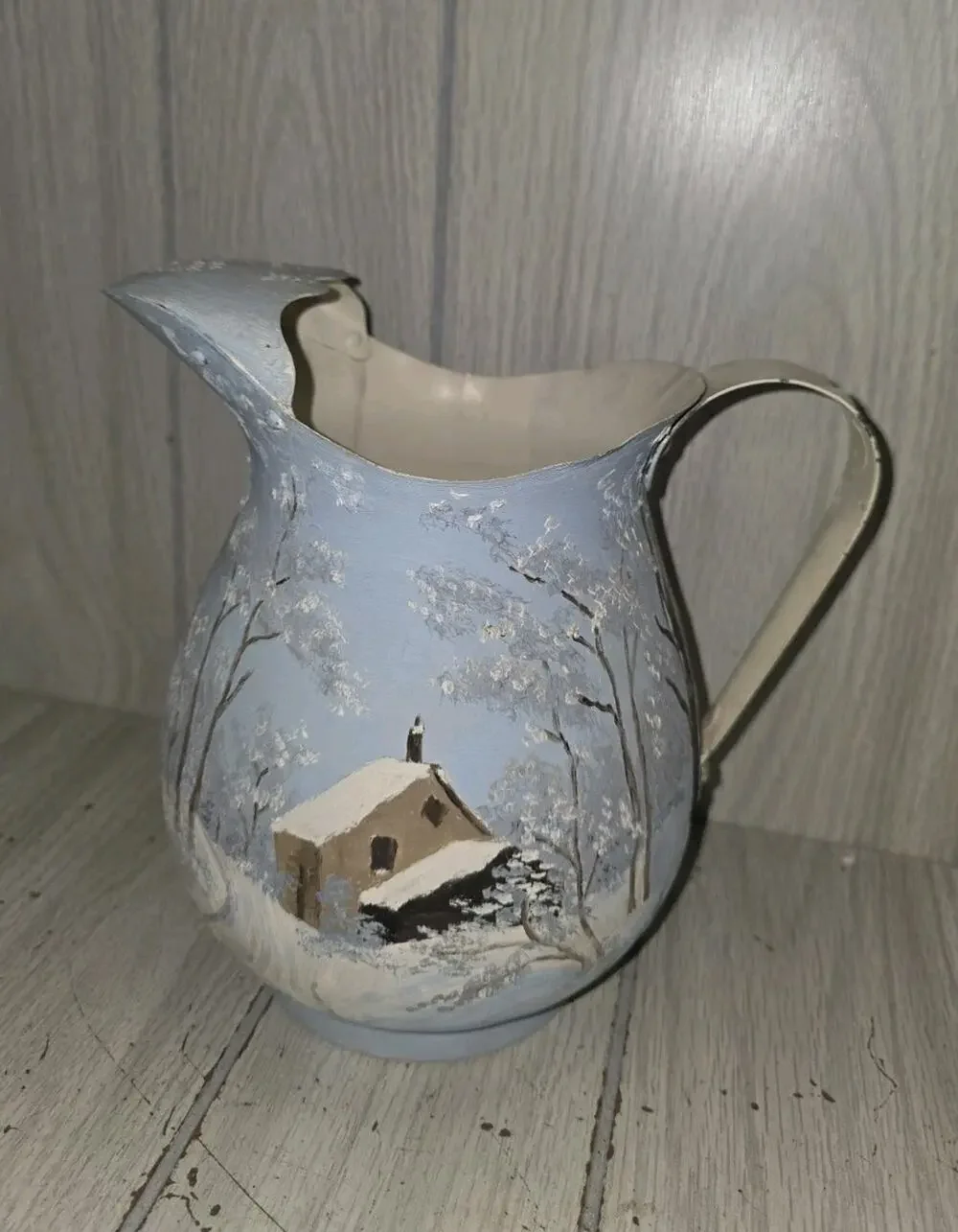 Vintage Hand Painted Metal Pitcher Winter Country Scene Artist Signed Farmhouse
